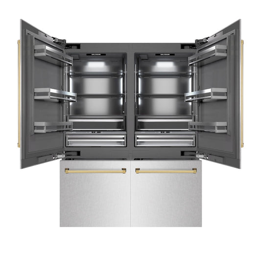 ZLINE Autograph Edition 60 in. 32.2 cu. ft. French Door Built-In Bottom Freezer Refrigerator with Water Dispenser and Ice Maker in Satin Stainless Steel with Graphite Gray Interior and Polished Gold Accents (GRBIVZ-SN-60-G) front, open.