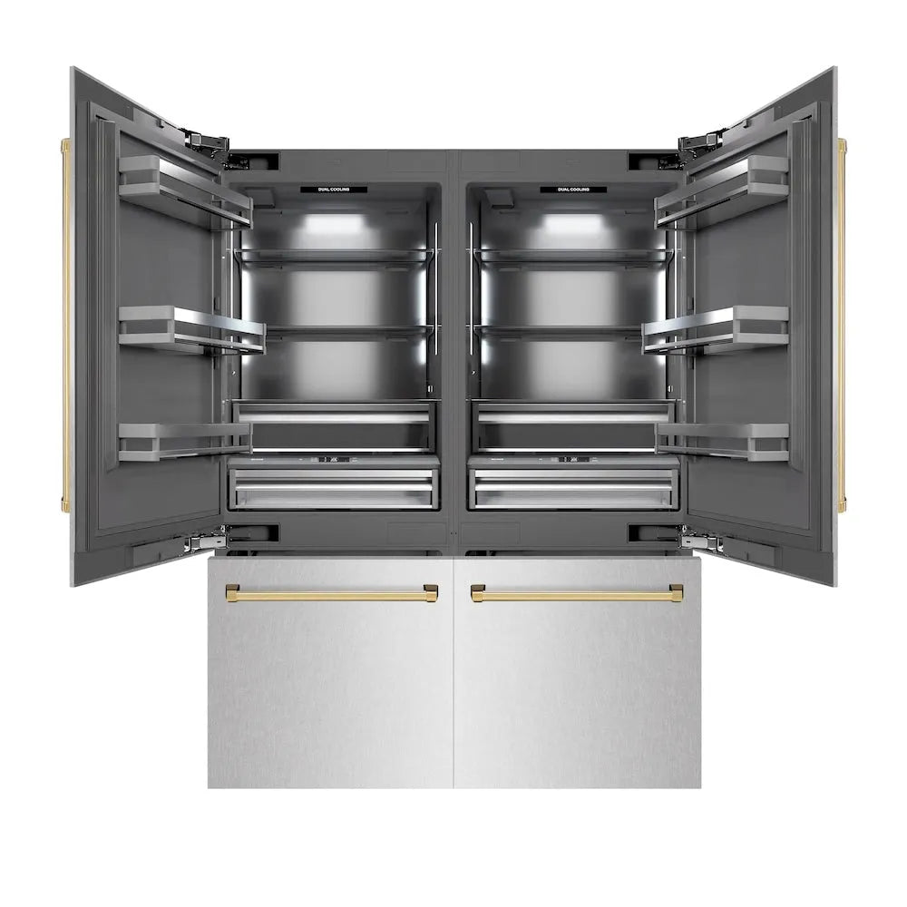 ZLINE Autograph Edition 60 in. 32.2 cu. ft. French Door Built-In Bottom Freezer Refrigerator with Water Dispenser and Ice Maker in Satin Stainless Steel with Graphite Gray Interior and Polished Gold Accents (GRBIVZ-SN-60-G) main image.