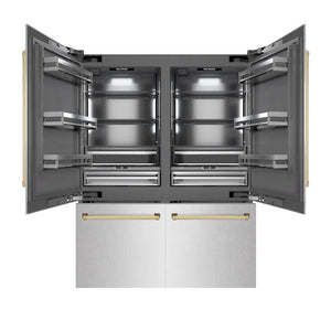 ZLINE Autograph Edition 60 in. 32.2 cu. ft. French Door Built-In Bottom Freezer Refrigerator with Water Dispenser and Ice Maker in Satin Stainless Steel with Graphite Gray Interior and Polished Gold Accents (GRBIVZ-SN-60-G) main image.