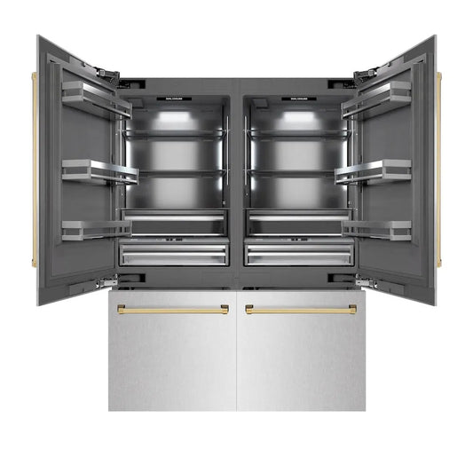 ZLINE Autograph Edition 60 in. 32.2 cu. ft. French Door Built-In Bottom Freezer Refrigerator with Water Dispenser and Ice Maker in Satin Stainless Steel with Graphite Gray Interior and Polished Gold Accents (GRBIVZ-SN-60-G) main image.