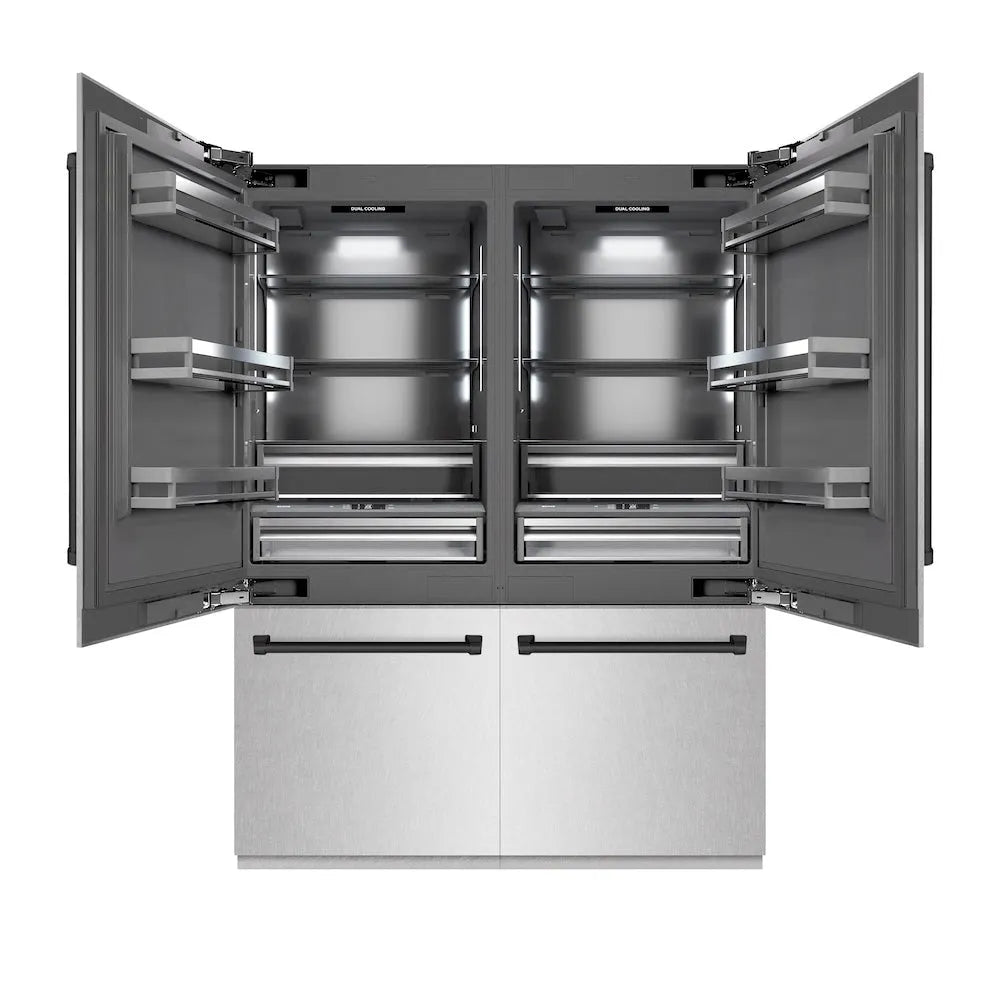 ZLINE Autograph Edition 60 in. 32.2 cu. ft. French Door Built-In Bottom Freezer Refrigerator with Water Dispenser and Ice Maker in Satin Stainless Steel with Graphite Gray Interior and Matte Black Accents (GRBIVZ-SN-60-MB) main image.