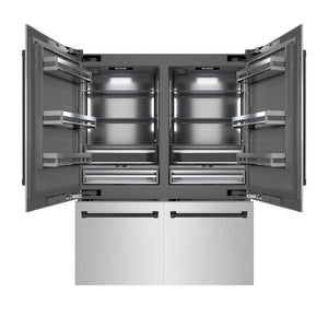 ZLINE Autograph Edition 60 in. 32.2 cu. ft. French Door Built-In Bottom Freezer Refrigerator with Water Dispenser and Ice Maker in Satin Stainless Steel with Graphite Gray Interior and Matte Black Accents (GRBIVZ-SN-60-MB) front, open.