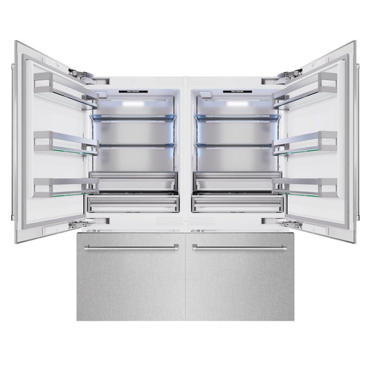 ZLINE 72 in. 39.6 cu. ft. French Door Built-In Bottom Freezer Refrigerator with Water Dispensers and Ice Makers in Satin Stainless Steel (RBIT-SN-72) front, open.