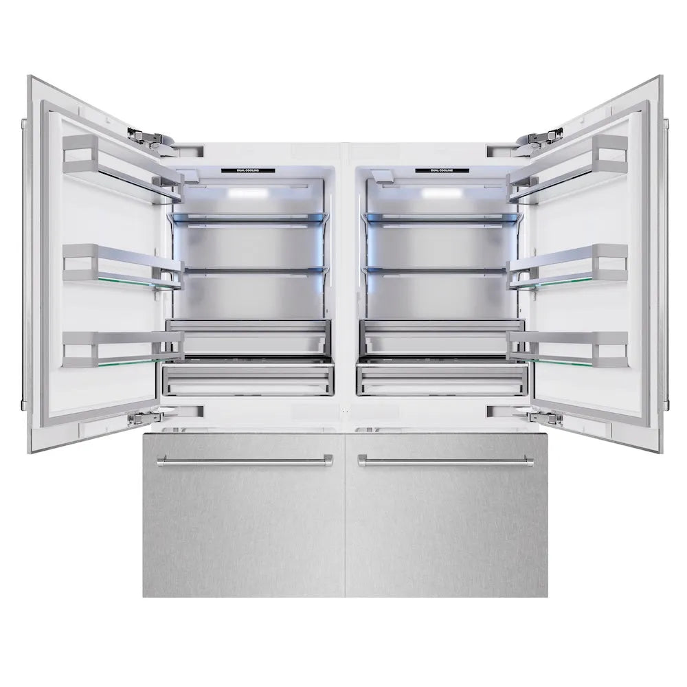 ZLINE 72 in. 39.6 cu. ft. French Door Built-In Bottom Freezer Refrigerator with Water Dispensers and Ice Makers in Satin Stainless Steel (RBIT-SN-72) front, open.