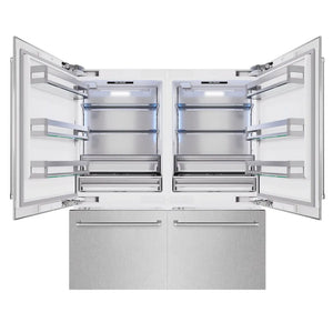 ZLINE 72 in. 39.6 cu. ft. French Door Built-In Bottom Freezer Refrigerator with Water Dispensers and Ice Makers in Satin Stainless Steel (RBIT-SN-72) front, open.