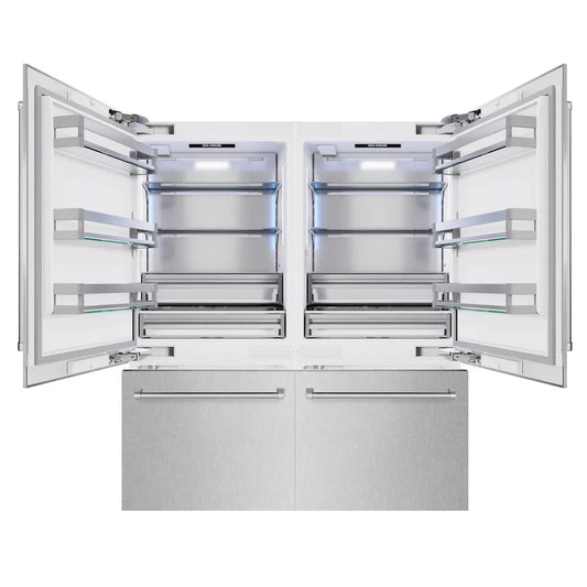 ZLINE 72 in. 39.6 cu. ft. French Door Built-In Bottom Freezer Refrigerator with Water Dispensers and Ice Makers in Satin Stainless Steel (RBIT-SN-72) front, open.