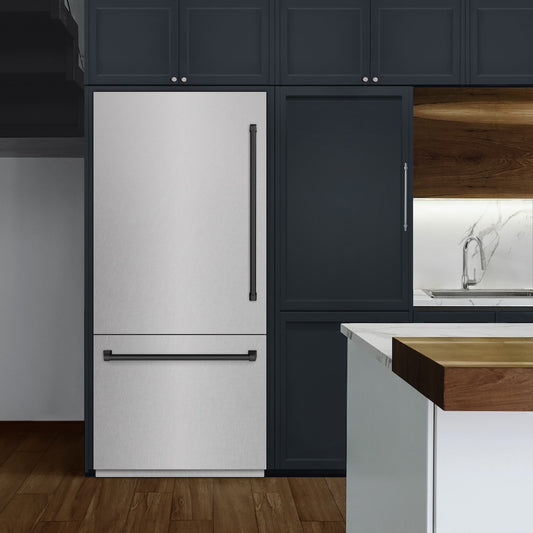 ZLINE Autograph Edition 36 in. 19.8 cu. ft. Built-In Bottom Freezer Refrigerator with Water Dispenser and Ice Maker in Satin Stainless Steel and Matte Black Accents (RBITZ-SN-36-MB) in a luxury kitchen.