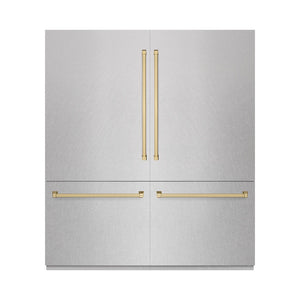 ZLINE Autograph Edition 72 in. 39.6 cu. ft. French Door Built-In Bottom Freezer Refrigerator with Water Dispensers and Ice Makers in Satin Stainless Steel and Champagne Bronze Accents (RBITZ-SN-72-CB) front, closed.