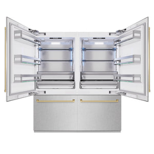 ZLINE Autograph Edition 72 in. 39.6 cu. ft. French Door Built-In Bottom Freezer Refrigerator with Water Dispensers and Ice Makers in Satin Stainless Steel and Champagne Bronze Accents (RBITZ-SN-72-CB) front, open.