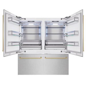 ZLINE Autograph Edition 72 in. 39.6 cu. ft. French Door Built-In Bottom Freezer Refrigerator with Water Dispensers and Ice Makers in Satin Stainless Steel and Champagne Bronze Accents (RBITZ-SN-72-CB) front, open.