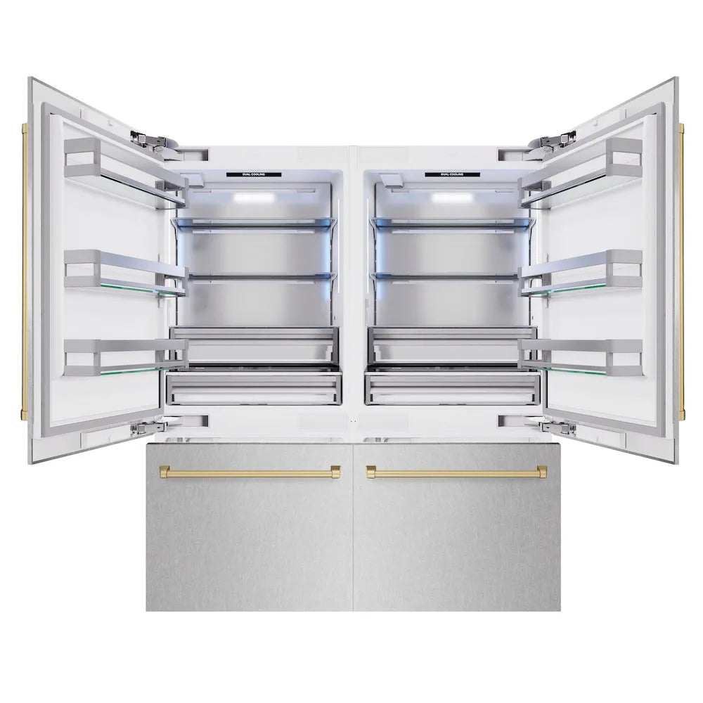 ZLINE Autograph Edition 72 in. 39.6 cu. ft. French Door Built-In Bottom Freezer Refrigerator with Water Dispensers and Ice Makers in Satin Stainless Steel and Champagne Bronze Accents (RBITZ-SN-72-CB) front, open.