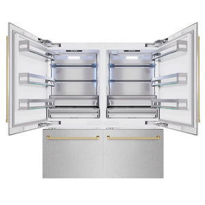ZLINE Autograph Edition 72 in. 39.6 cu. ft. French Door Built-In Bottom Freezer Refrigerator with Water Dispensers and Ice Makers in Satin Stainless Steel and Champagne Bronze Accents (RBITZ-SN-72-CB) front, open.