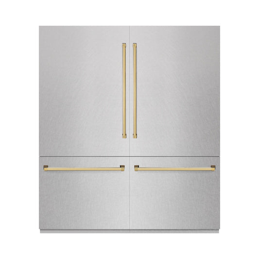 ZLINE Autograph Edition 72 in. 39.6 cu. ft. French Door Built-In Bottom Freezer Refrigerator with Water Dispensers and Ice Makers in Satin Stainless Steel and Polished Gold Accents (RBITZ-SN-72-G) front, closed.