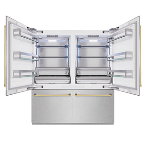 ZLINE Autograph Edition 72 in. 39.6 cu. ft. French Door Built-In Bottom Freezer Refrigerator with Water Dispensers and Ice Makers in Satin Stainless Steel and Polished Gold Accents (RBITZ-SN-72-G) front, open.