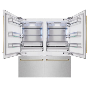 ZLINE Autograph Edition 72 in. 39.6 cu. ft. French Door Built-In Bottom Freezer Refrigerator with Water Dispensers and Ice Makers in Satin Stainless Steel and Polished Gold Accents (RBITZ-SN-72-G) front, open.