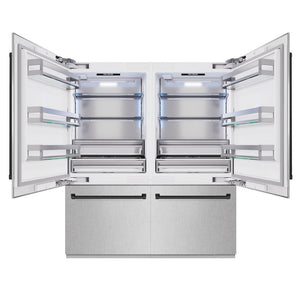 ZLINE Autograph Edition 72 in. 39.6 cu. ft. French Door Built-In Bottom Freezer Refrigerator with Water Dispensers and Ice Makers in Satin Stainless Steel and Matte Black Accents (RBITZ-SN-72-MB) front, open.