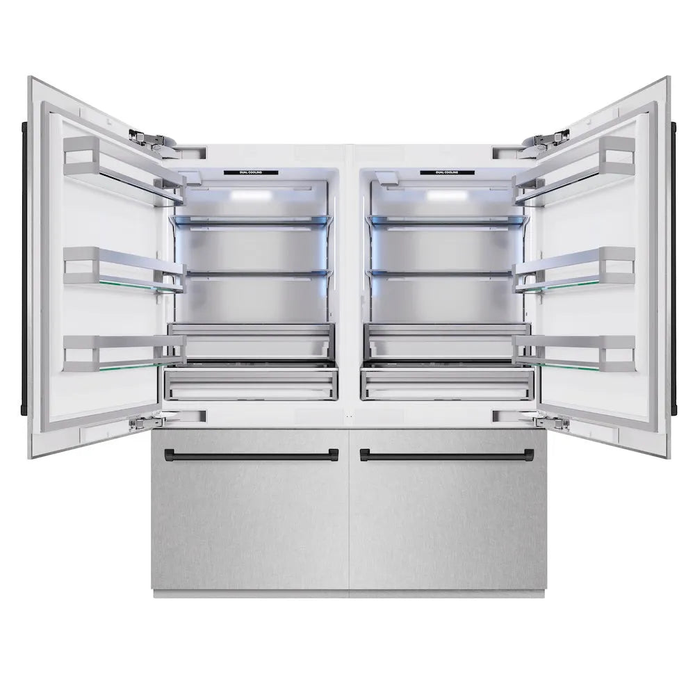 ZLINE Autograph Edition 72 in. 39.6 cu. ft. French Door Built-In Bottom Freezer Refrigerator with Water Dispensers and Ice Makers in Satin Stainless Steel and Matte Black Accents (RBITZ-SN-72-MB) front, refrigeration compartment open.