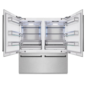 ZLINE Autograph Edition 72 in. 39.6 cu. ft. French Door Built-In Bottom Freezer Refrigerator with Water Dispensers and Ice Makers in Satin Stainless Steel and Matte Black Accents (RBITZ-SN-72-MB) front, refrigeration compartment open.