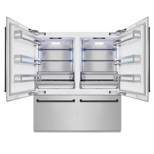 ZLINE Autograph Edition 72 in. 39.6 cu. ft. French Door Built-In Bottom Freezer Refrigerator with Water Dispensers and Ice Makers in Satin Stainless Steel and Matte Black Accents (RBITZ-SN-72-MB) front, refrigeration compartment open.