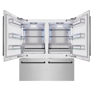 ZLINE Autograph Edition 72 in. 39.6 cu. ft. French Door Built-In Bottom Freezer Refrigerator with Water Dispensers and Ice Makers in Satin Stainless Steel and Matte Black Accents (RBITZ-SN-72-MB) front, open.