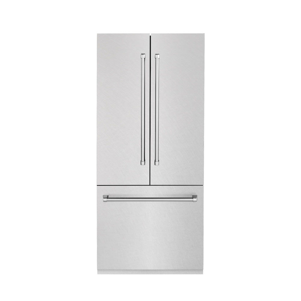 ZLINE 36 in. 19.6 cu. ft. French Door Built-In Bottom Freezer Refrigerator with Water Dispenser and Ice Maker in Satin Stainless Steel (RBIV-SN-36) front, closed.