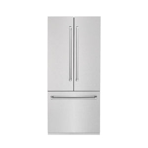 ZLINE 36 in. 19.6 cu. ft. French Door Built-In Bottom Freezer Refrigerator with Water Dispenser and Ice Maker in Satin Stainless Steel (RBIV-SN-36) front, closed.
