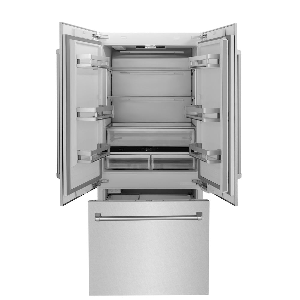 ZLINE 36 in. 19.6 cu. ft. French Door Built-In Bottom Freezer Refrigerator with Water Dispenser and Ice Maker in Satin Stainless Steel (RBIV-SN-36) front, refrigeration compartment and bottom freezer open.