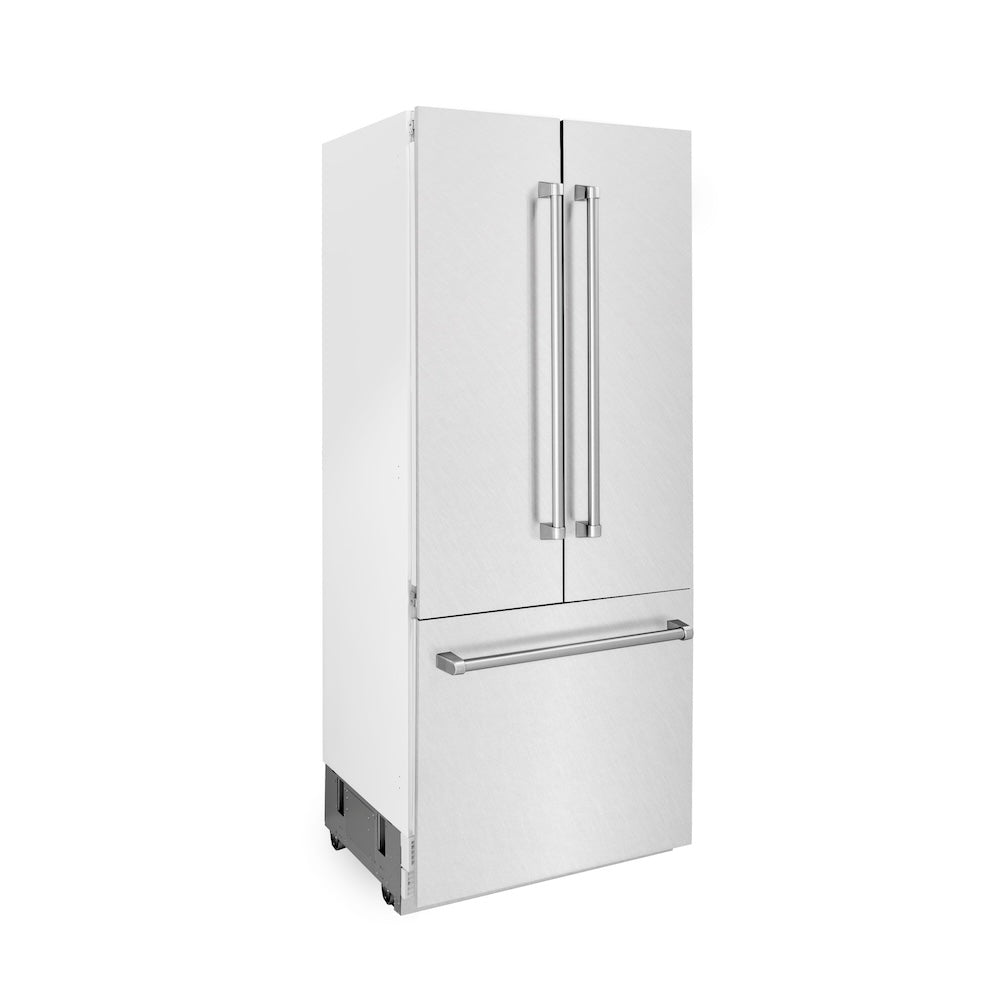 ZLINE 36 in. 19.6 cu. ft. French Door Built-In Bottom Freezer Refrigerator with Water Dispenser and Ice Maker in Satin Stainless Steel (RBIV-SN-36) side.
