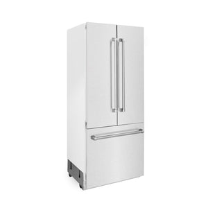 ZLINE 36 in. 19.6 cu. ft. French Door Built-In Bottom Freezer Refrigerator with Water Dispenser and Ice Maker in Satin Stainless Steel (RBIV-SN-36) side.