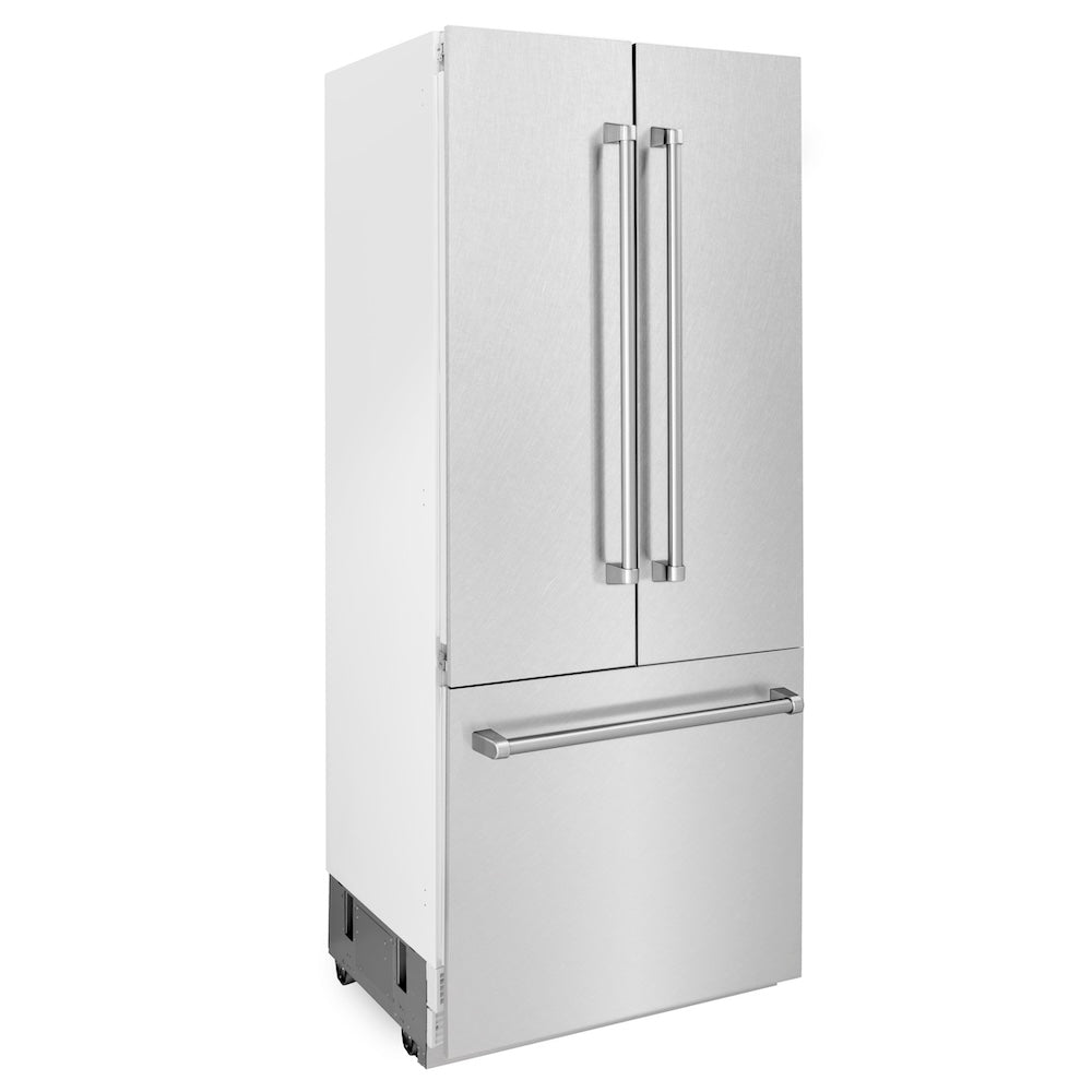 ZLINE 36 in. 19.6 cu. ft. French Door Built-In Bottom Freezer Refrigerator with Water Dispenser and Ice Maker in Satin Stainless Steel (RBIV-SN-36) side, closed.