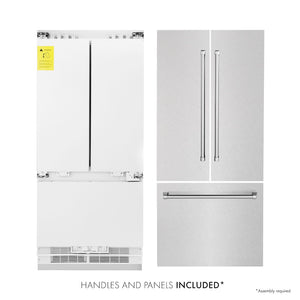 ZLINE 36 in. 19.6 cu. ft. French Door Built-In Bottom Freezer Refrigerator with Water Dispenser and Ice Maker in Satin Stainless Steel (RBIV-SN-36) front. Next to panels and handles.