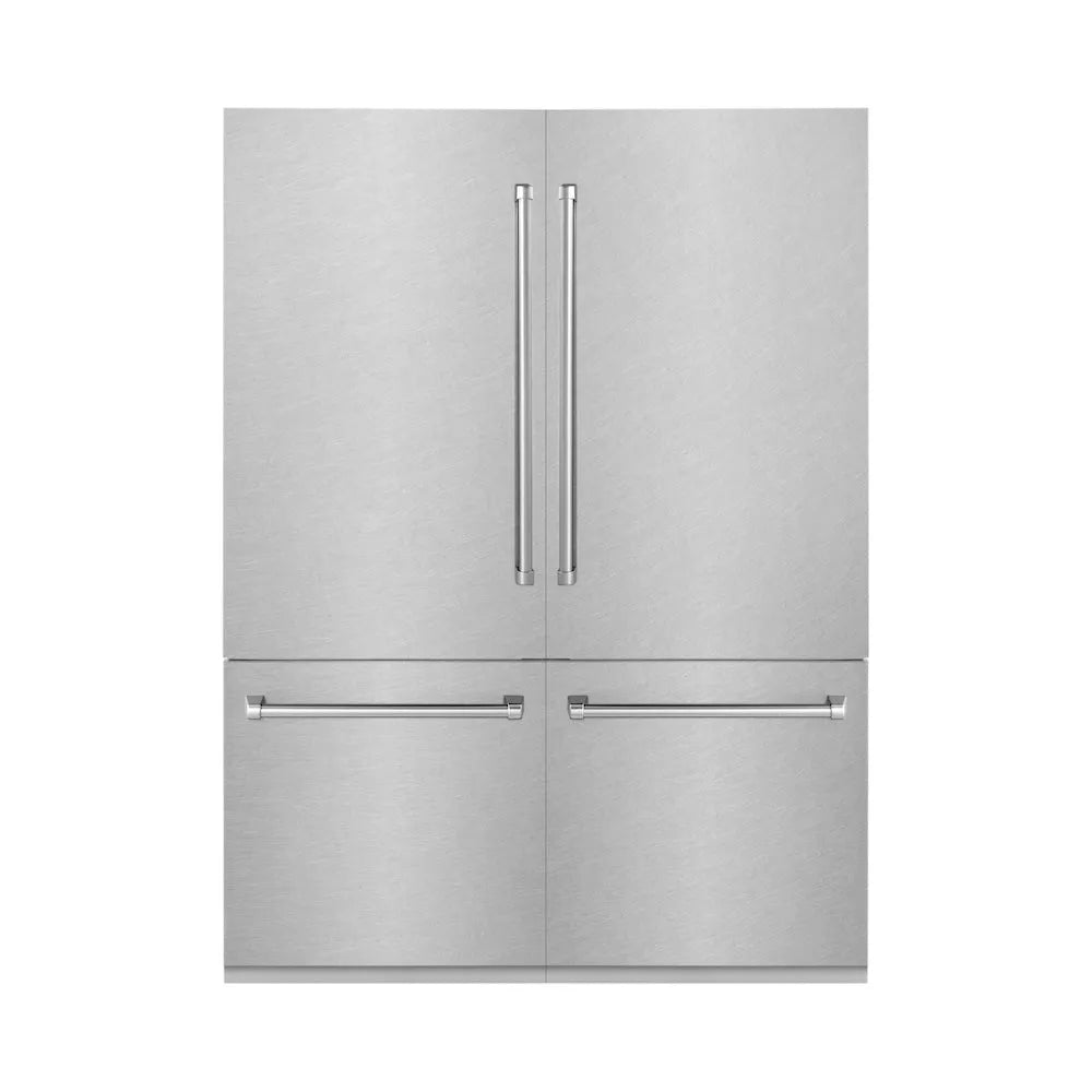 ZLINE 60 in. 32.2 cu. ft. French Door Built-In Bottom Freezer Refrigerator with Water Dispensers and Ice Makers in Satin Stainless Steel (RBIV-SN-60) main image.