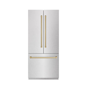 ZLINE Autograph Edition 36 in. 19.6 cu. ft. French Door Built-In Bottom Freezer Refrigerator with Water Dispenser and Ice Maker in Satin Stainless Steel with Stainless Steel Interior and Champagne Bronze Accents (SRBIVZ-SN-36-CB)