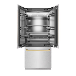 ZLINE Autograph Edition 36 in. 19.6 cu. ft. French Door Built-In Bottom Freezer Refrigerator with Water Dispenser and Ice Maker in Satin Stainless Steel with Stainless Steel Interior and Champagne Bronze Accents (SRBIVZ-SN-36-CB) front, refrigeration compartment and bottom freezer open.