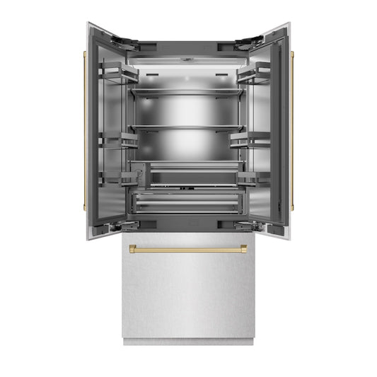 ZLINE Autograph Edition 36 in. 19.6 cu. ft. French Door Built-In Bottom Freezer Refrigerator with Water Dispenser and Ice Maker in Satin Stainless Steel with Stainless Steel Interior and Champagne Bronze Accents (SRBIVZ-SN-36-CB) front, refrigeration compartment and bottom freezer open.