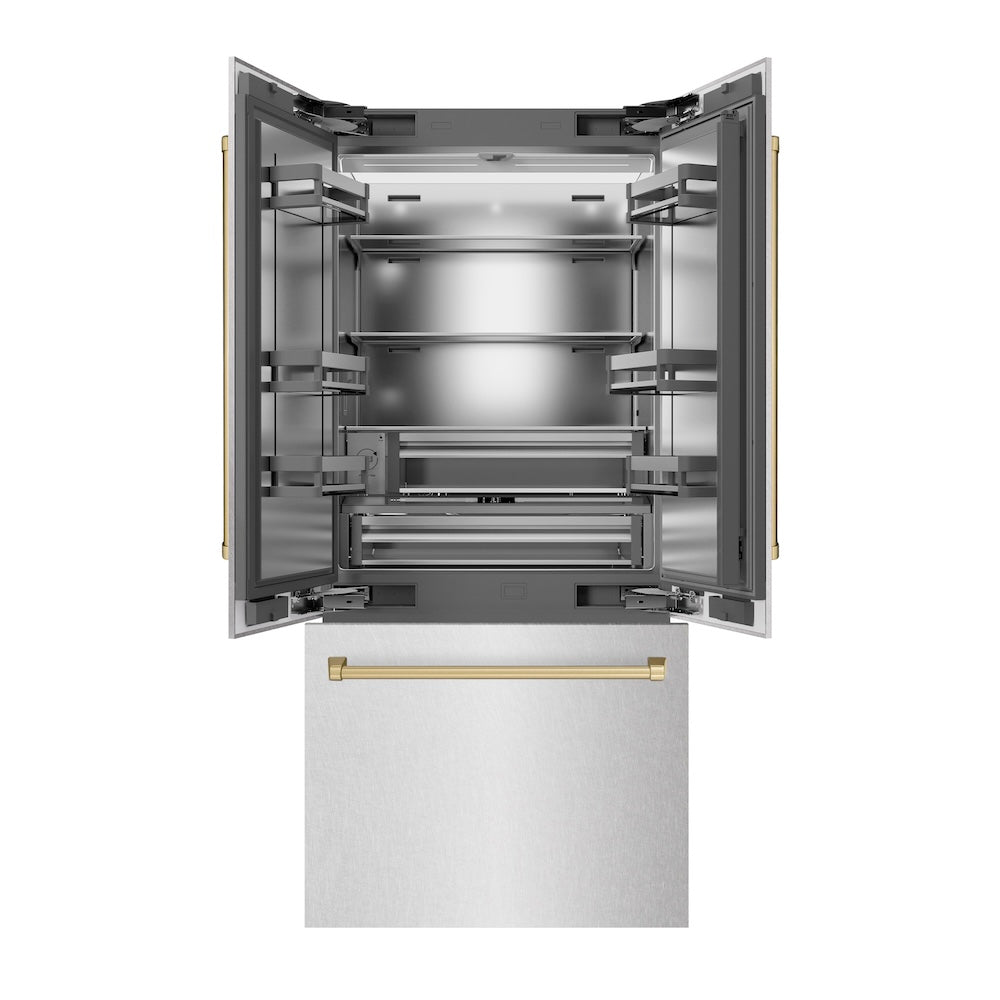 ZLINE Autograph Edition 36 in. 19.6 cu. ft. French Door Built-In Bottom Freezer Refrigerator with Water Dispenser and Ice Maker in Satin Stainless Steel with Stainless Steel Interior and Champagne Bronze Accents (SRBIVZ-SN-36-CB) front, refrigeration compartment and bottom freezer open.