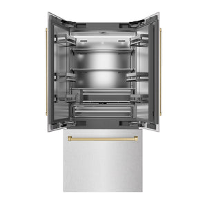 ZLINE Autograph Edition 36 in. 19.6 cu. ft. French Door Built-In Bottom Freezer Refrigerator with Water Dispenser and Ice Maker in Satin Stainless Steel with Stainless Steel Interior and Champagne Bronze Accents (SRBIVZ-SN-36-CB) front, refrigeration compartment and bottom freezer open.