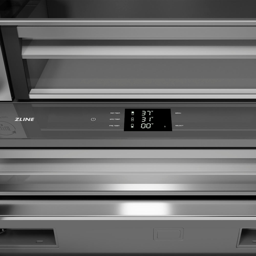 ZLINE Autograph Edition 36 in. 19.6 cu. ft. French Door Built-In Bottom Freezer Refrigerator with Water Dispenser and Ice Maker in Satin Stainless Steel with Stainless Steel Interior and Matte Black Accents (SRBIVZ-SN-36-MB)