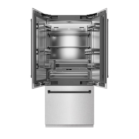 ZLINE Autograph Edition 36 in. 19.6 cu. ft. French Door Built-In Bottom Freezer Refrigerator with Water Dispenser and Ice Maker in Satin Stainless Steel with Stainless Steel Interior and Matte Black Accents (SRBIVZ-SN-36-MB) front, refrigeration compartment and bottom freezer open.