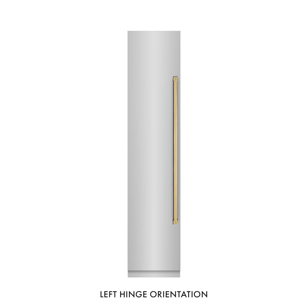 ZLINE Autograph Edition 18 in. 8.6 cu. ft. Left Hinge Column Freezer in Stainless Steel with Graphite Gray Interior and Polished Gold Accents (RCFVLZ-30418-G) front, closed.