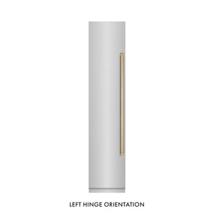 ZLINE Autograph Edition 18 in. 8.6 cu. ft. Left Hinge Column Freezer in Stainless Steel with Graphite Gray Interior and Polished Gold Accents (RCFVLZ-30418-G) front, closed.