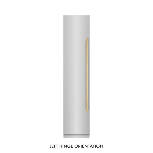 ZLINE Autograph Edition 18 in. 8.6 cu. ft. Left Hinge Column Freezer in Stainless Steel with Graphite Gray Interior and Polished Gold Accents (RCFVLZ-30418-G) front, closed.