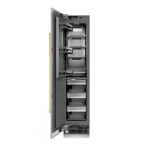 ZLINE Autograph Edition 18 in. 8.6 cu. ft. Left Hinge Column Freezer in Stainless Steel with Graphite Gray Interior and Polished Gold Accents (RCFVLZ-30418-G) front, open.