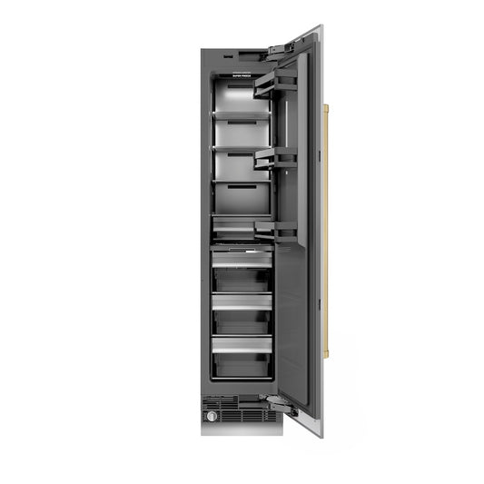 ZLINE Autograph Edition 18 in. 8.6 cu. ft. Right Hinge Column Freezer in Stainless Steel with Graphite Gray Interior and Champagne Bronze Accents (RCFVRZ-30418-CB) front, open.