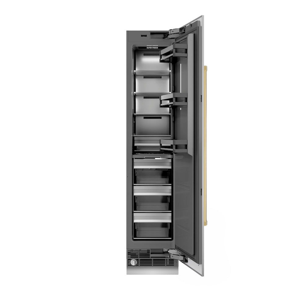 ZLINE Autograph Edition 18 in. 8.6 cu. ft. Right Hinge Column Freezer in Stainless Steel with Graphite Gray Interior and Matte Black Accents (RCFVRZ-30418-MB) front, open.