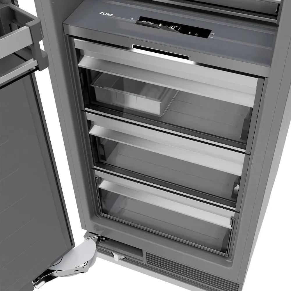 ZLINE Autograph Edition 24 in. 12.4 cu. ft. Column Freezer in Stainless Steel with Graphite Gray Interior and Polished Gold Accents (RCFVZ-304-24-G) with open door showing interior shelves on a white background