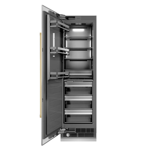 ZLINE Autograph Edition 24 in. 12.4 cu. ft. Column Freezer in Stainless Steel with Graphite Gray Interior and Polished Gold Accents (RCFVZ-304-24-G) front, open.