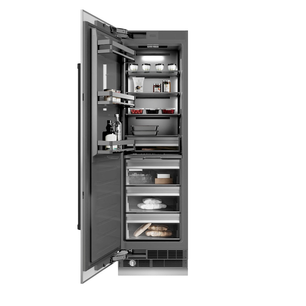 ZLINE Autograph Edition 24 in. 12.4 cu. ft. Column Freezer in Stainless Steel with Graphite Gray Interior and Matte Black Accents (RCFVZ-304-24-MB) front, open, with food inside.