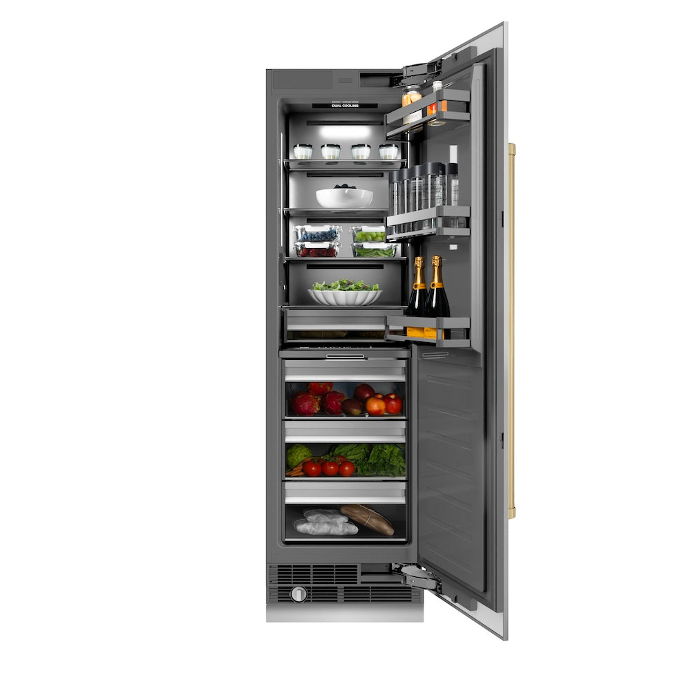 ZLINE Autograph Edition 24 in. 12.5 cu. ft. Column Refrigerator in Stainless Steel with Graphite Gray Interior and Champagne Bronze Accents (RCRVZ-30424-CB) front, open, with food inside.