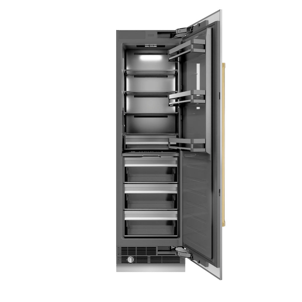 ZLINE Autograph Edition 24 in. 12.5 cu. ft. Column Refrigerator in Stainless Steel with Graphite Gray Interior and Polished Gold Accents (RCRVZ-30424-G) front, open.